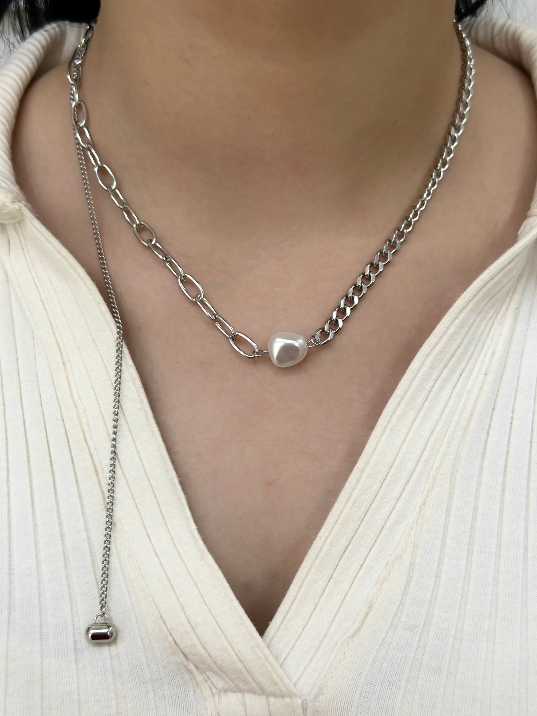 Çelik Duo Pearl Asimetrik Inci Kolye