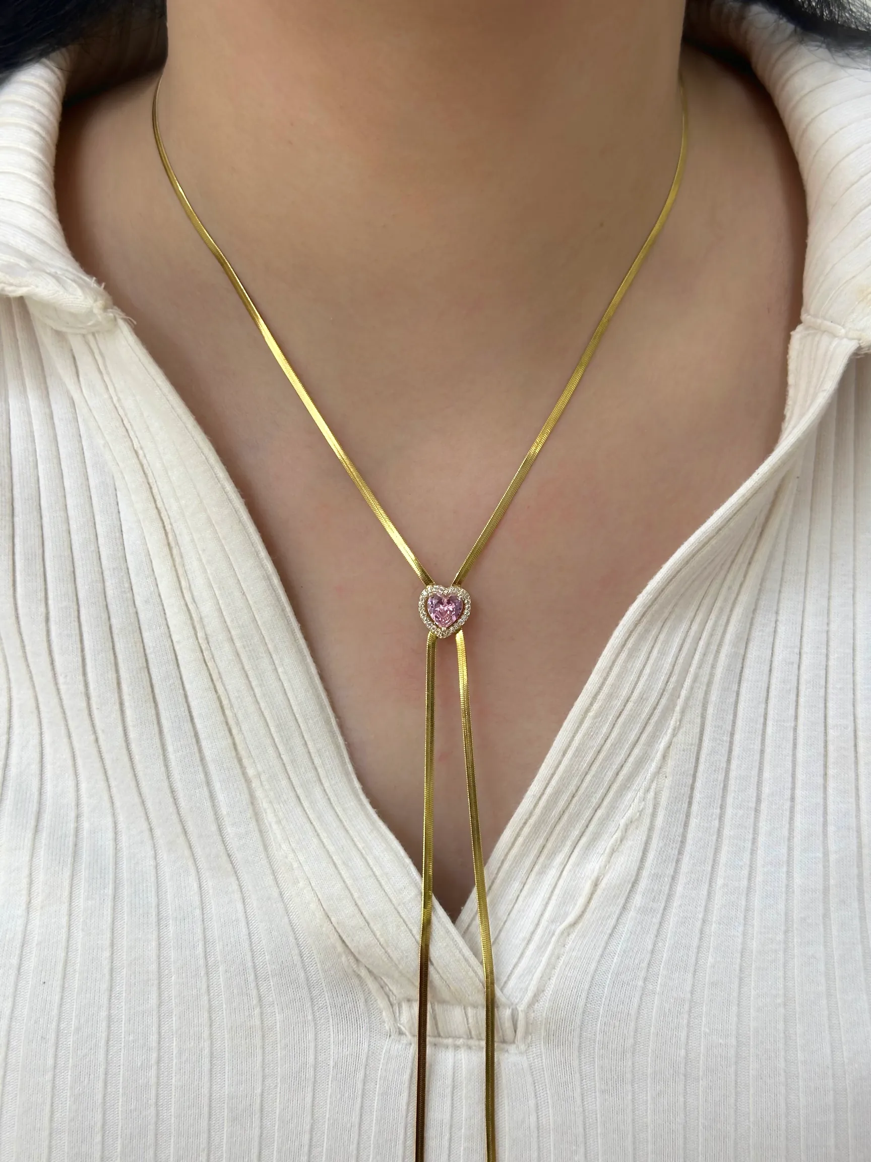 Çelik Ayarlanabilir Pembe Kalp Lariat Kolye