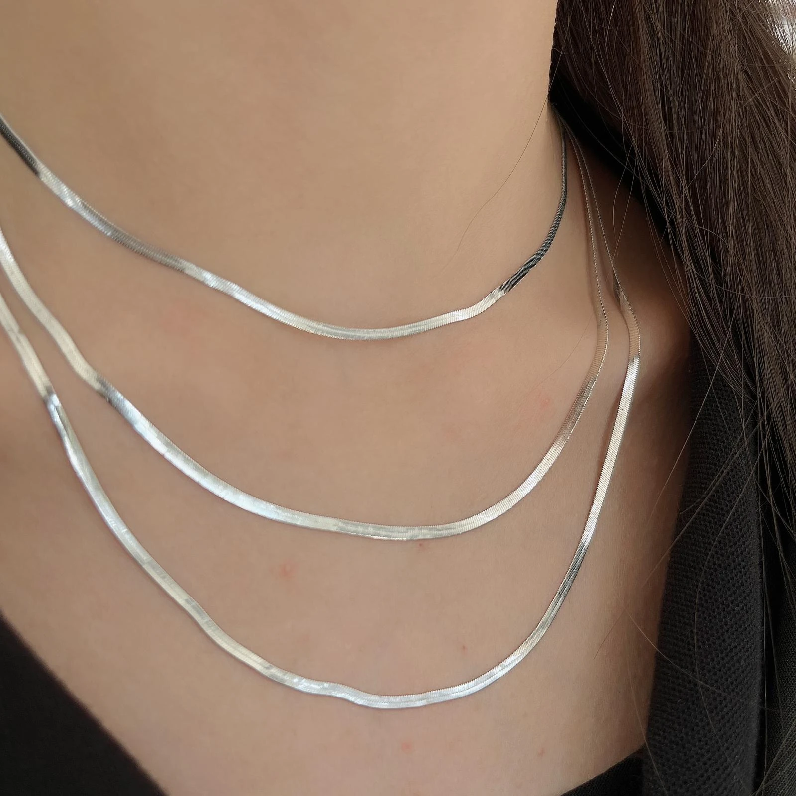 Çelik Zarif Üçlü Gümüs Zincir Kolye Seti