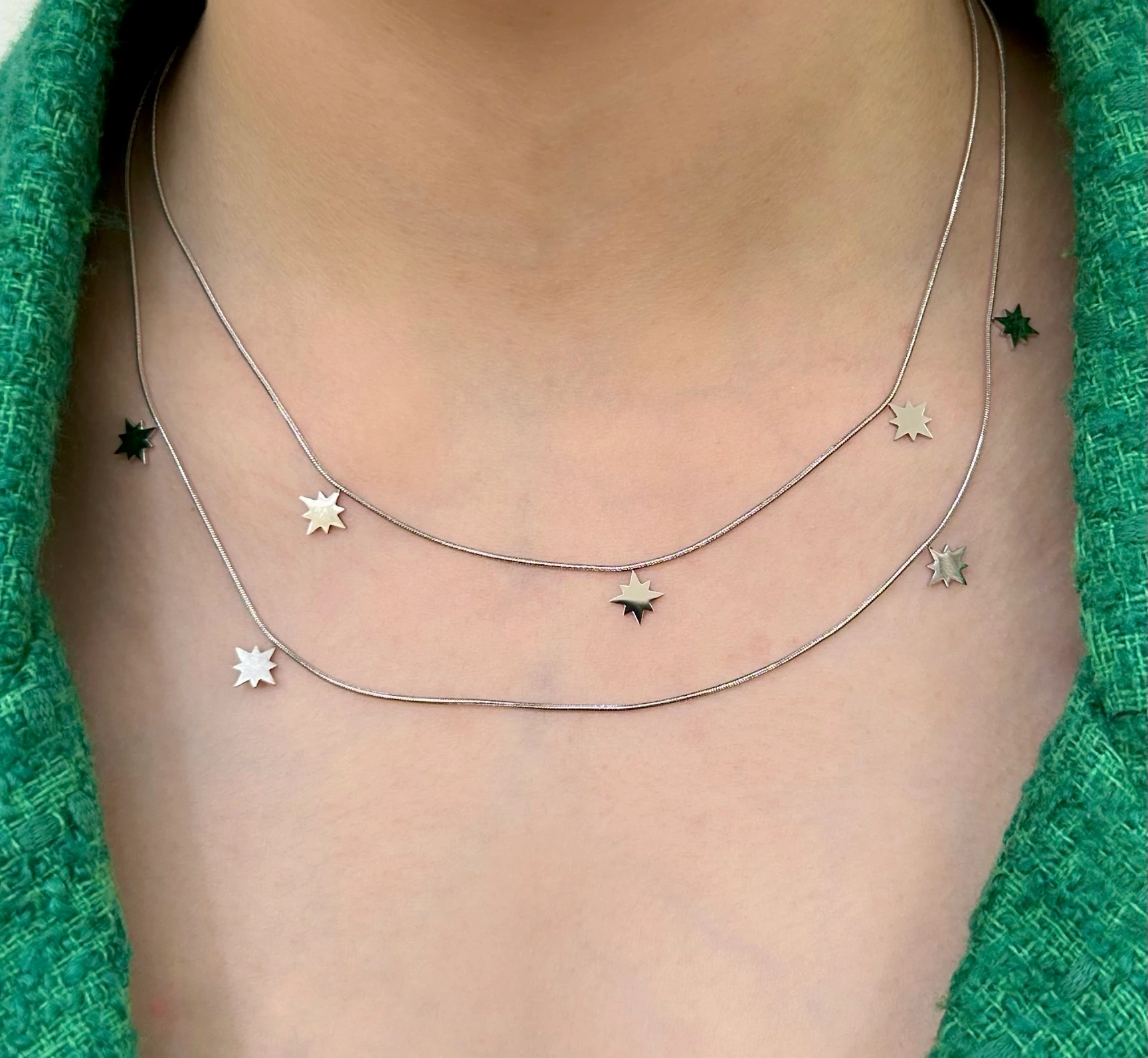 Çelik Ikili Yildiz Figürlü Ince Kolye Seti