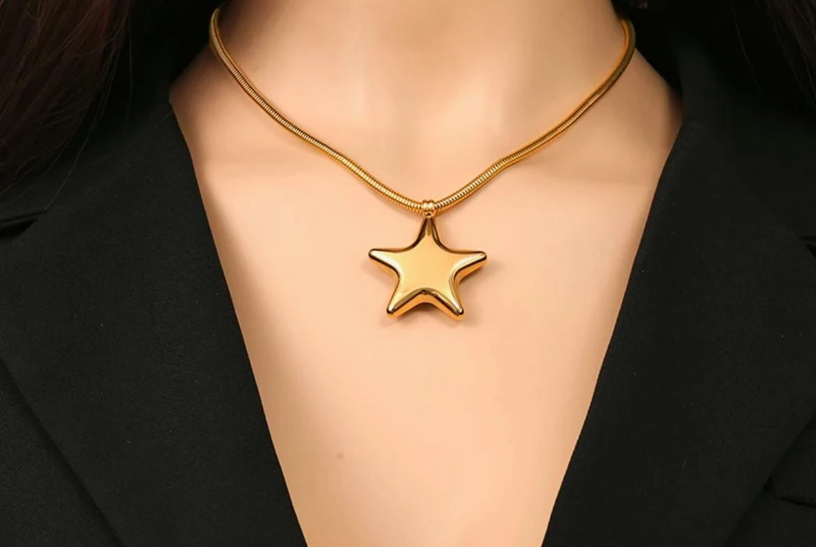 Çelik Gold Renkli Parlak Yildiz Kolye