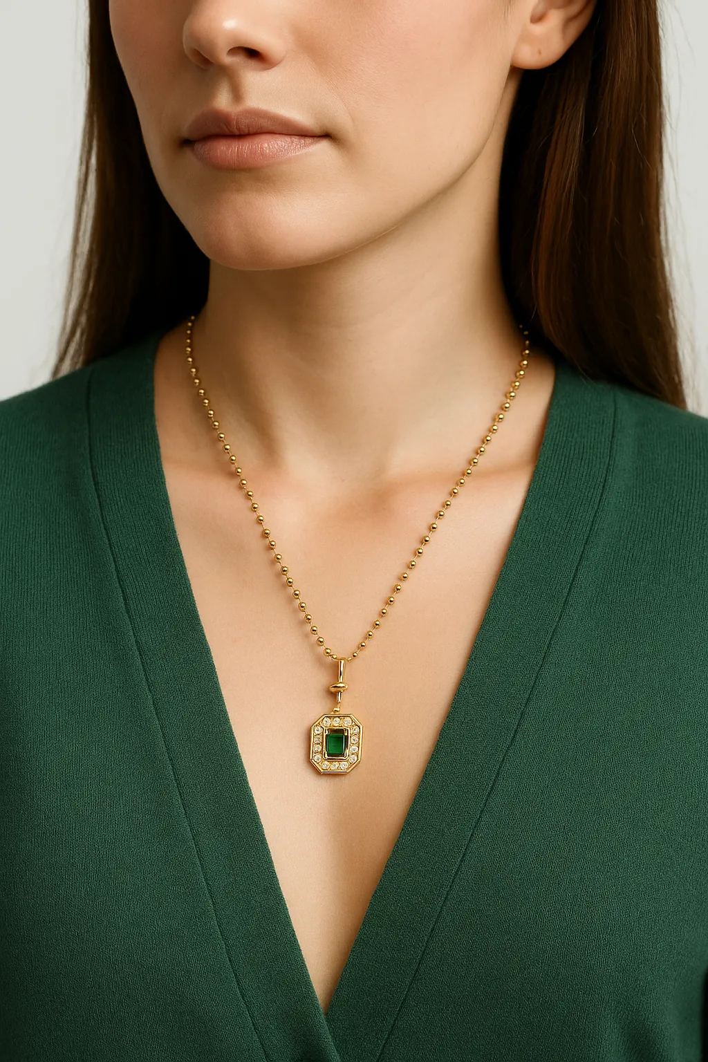 Çelik Zümrüt Isiltili Halka Kolye